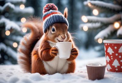 The primary subject of the image is a squirrel wearing a knitted hat and holding a cup of coffee. The setting is a snowy environment, with the squirrel sitting on the snow. The visual style is a digital art illustration, and the colors and mood are predominantly white and cold, with the snow adding a touch of warmth to the scene.